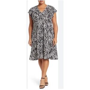 London Times Woman Black White Leaf Print V Neck Tiered Midi Dress Plus Size 14W